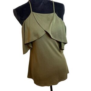 Alya | Green Asymmetrical Ruffled Cold Shoulder Top | Sz L